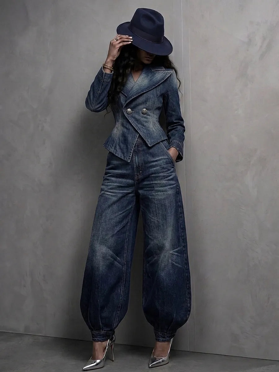 Stylish washed denim double-breasted pleated blazer + jeans suit