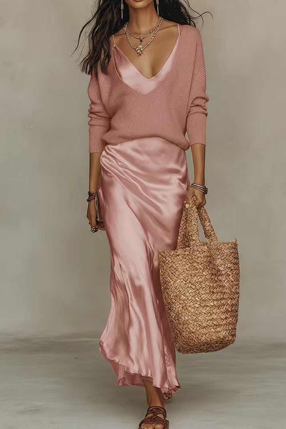 Margovil V Neck Drop Shoulder Sweater and Satin Maxi Cami Dress Set