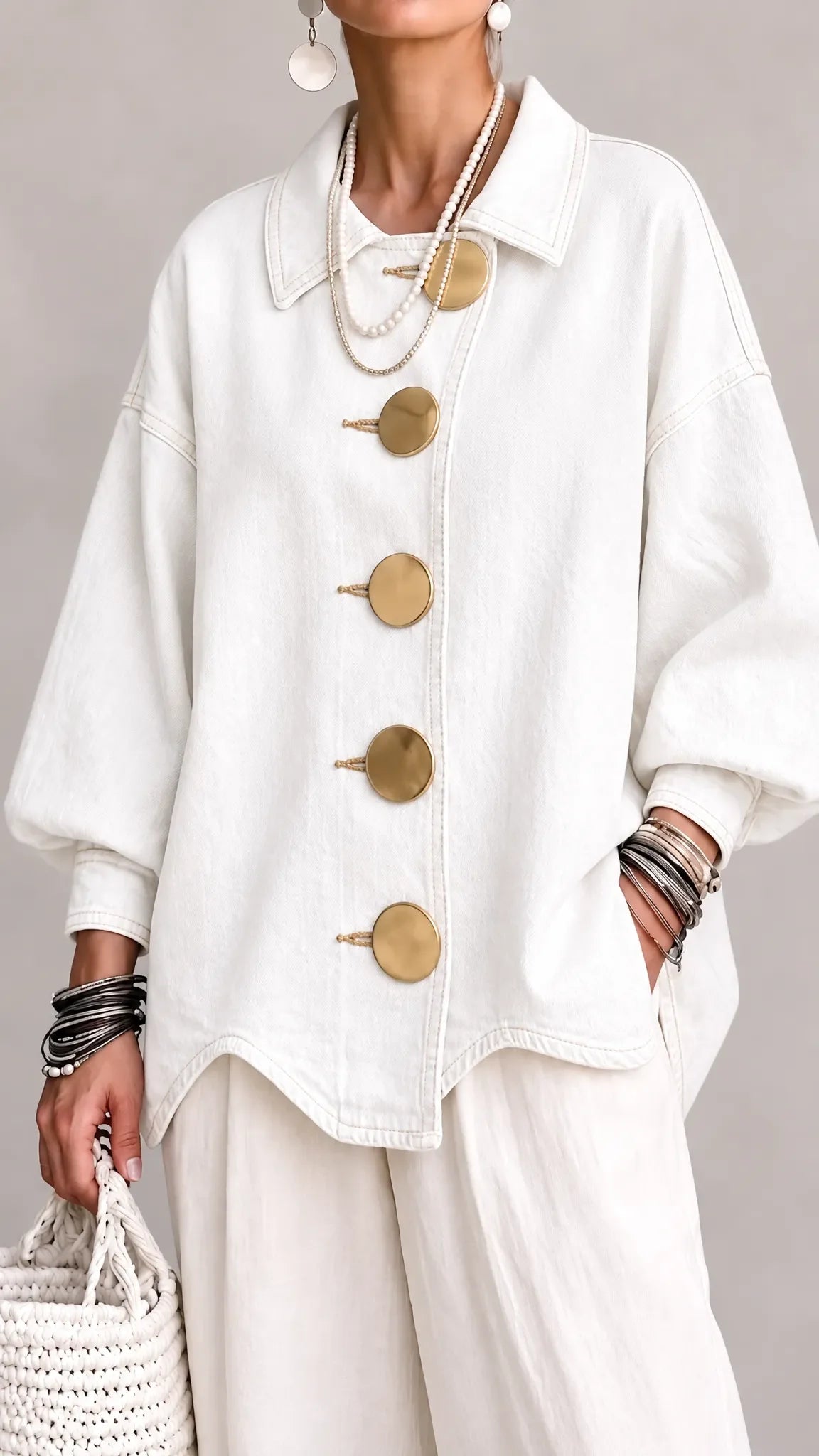Women's Lapel Oversized Shirt Jacket, Large Decorative Button Lantern Sleeve Casual Shacket