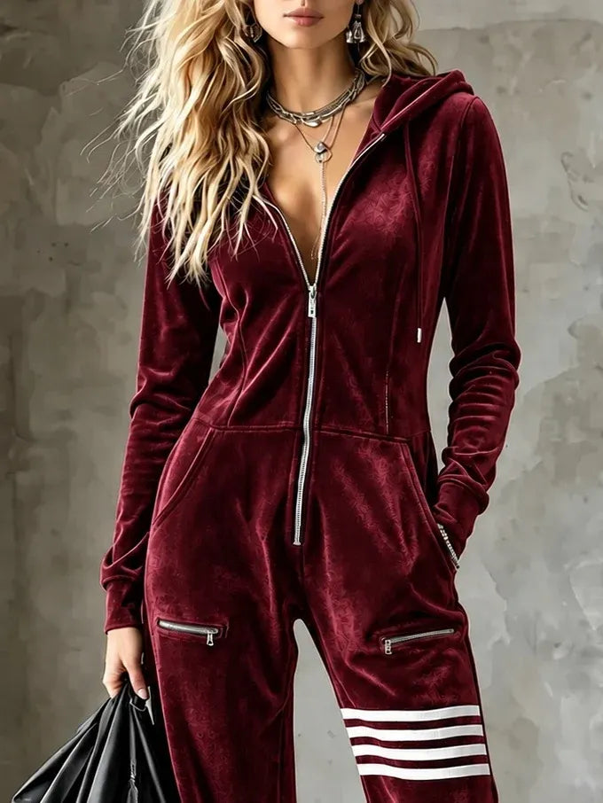 Velvet hooded zip-front wide-leg jumpsuit
