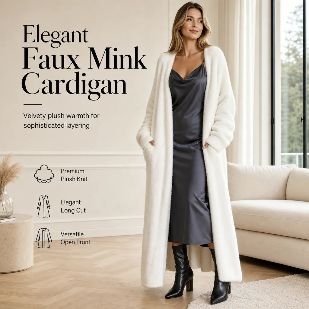 Women's Faux Mink Fleece Long Cardigan Sweater Fluffy Oversized Knit Coat for Autumn and Winter