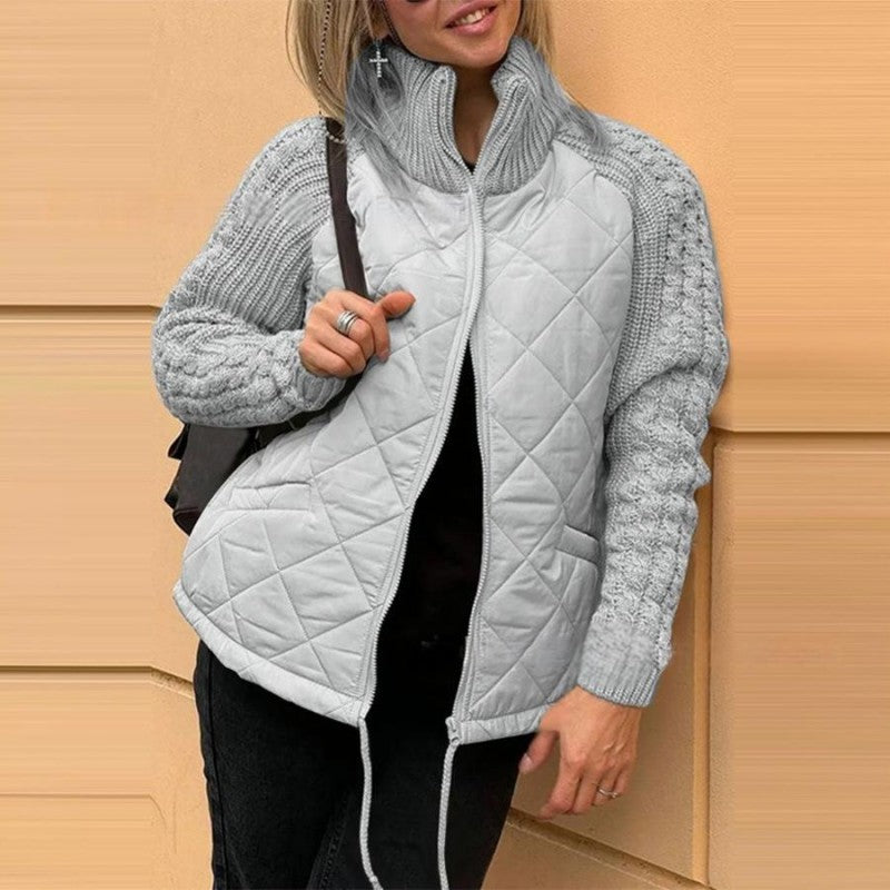 Women's Stand Collar Zip Up Quilted Jacket with Knitted Sleeves, Casual Patchwork Outerwear