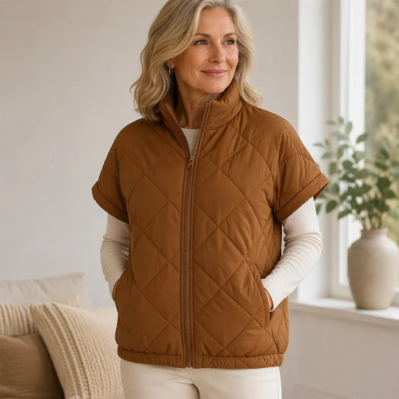 Women's Stand Collar Zip Up Short Sleeve Quilted Vest Jacket