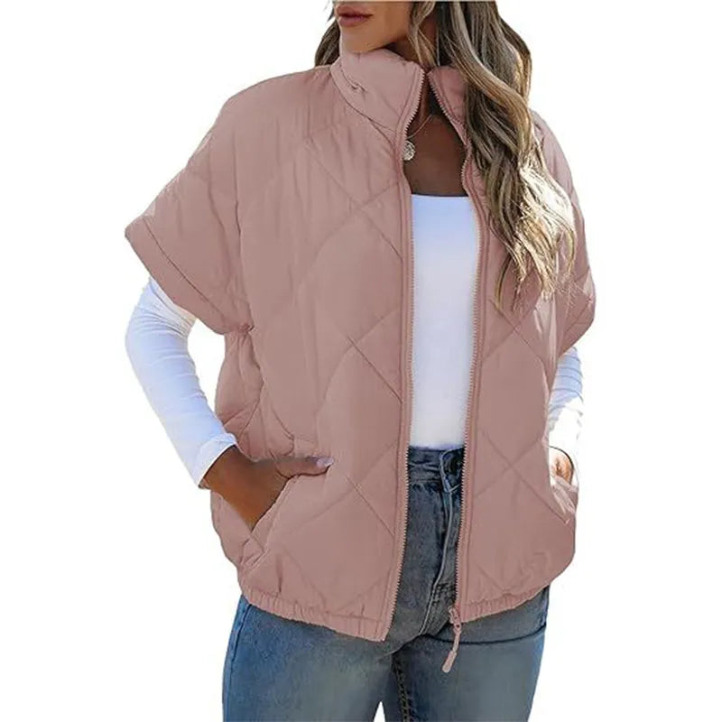 Women's Stand Collar Zip Up Short Sleeve Quilted Vest Jacket