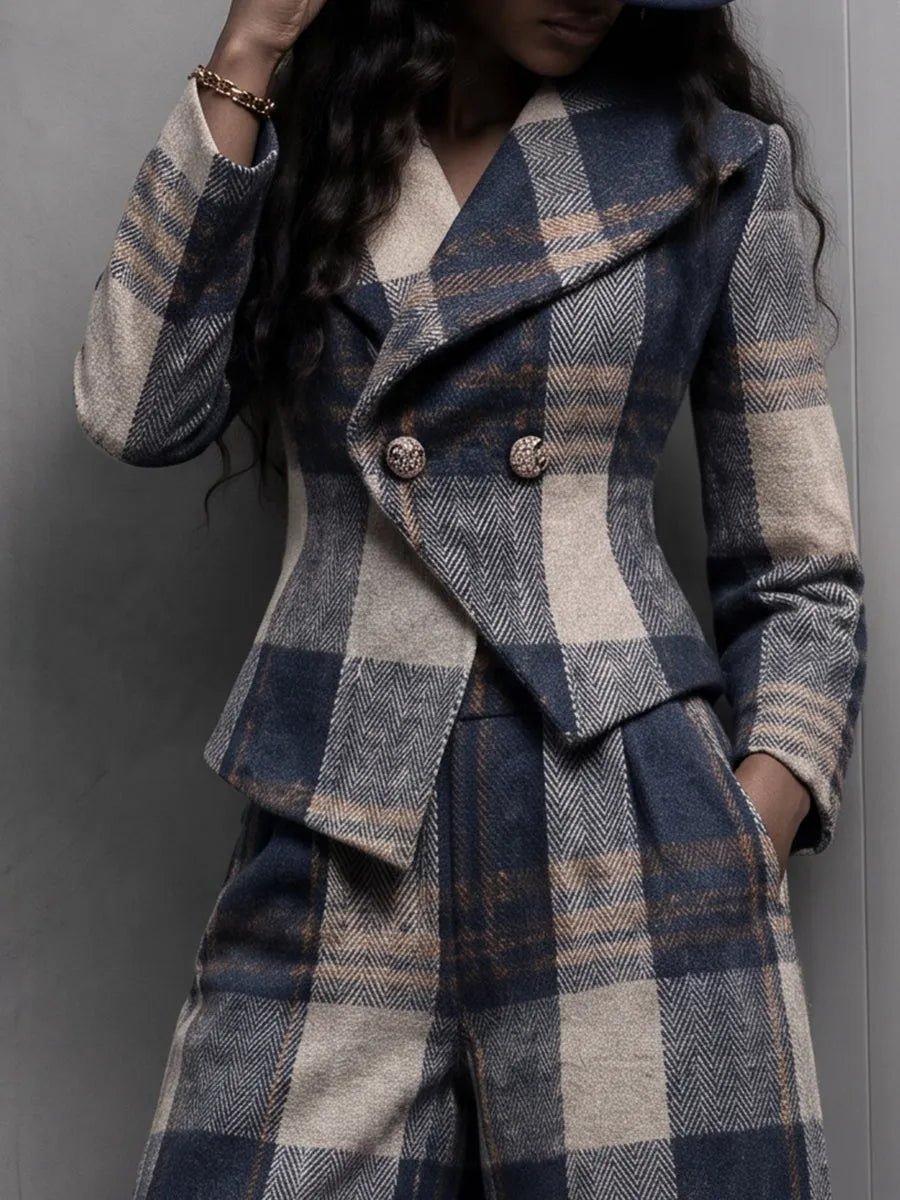 Women Plaid 2 Piece Outfit, Double Breasted Blazer and Balloon Wide Leg Pants Set