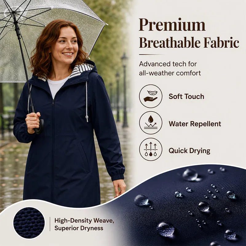 Women's Hooded Waterproof Raincoat, Drawstring Waist Striped Lining Long Outdoor Windbreaker