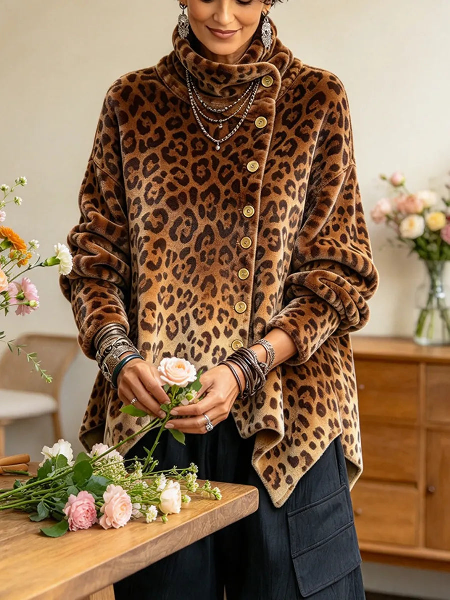 Bold Leopard Print Asymmetrical High-neck Velvet Top
