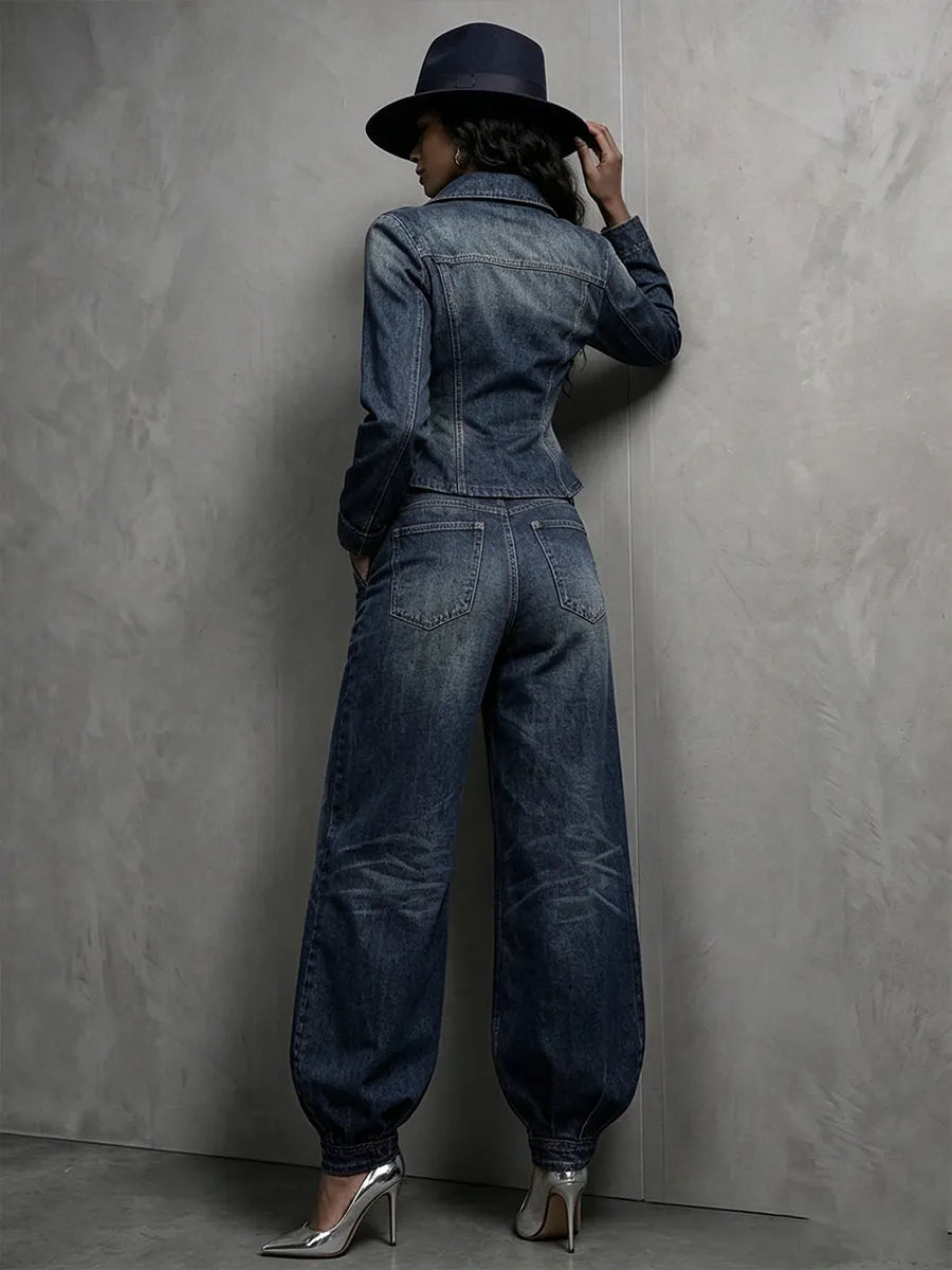 Stylish washed denim double-breasted pleated blazer + jeans suit