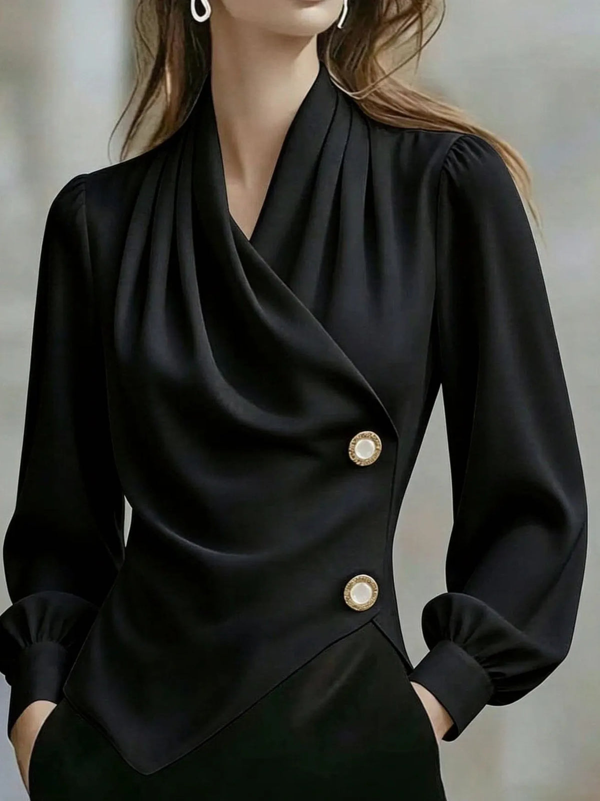 Women's Draped V Neck Long Sleeve Blouse, Elegant Wrap Style Decorative Button Shirt