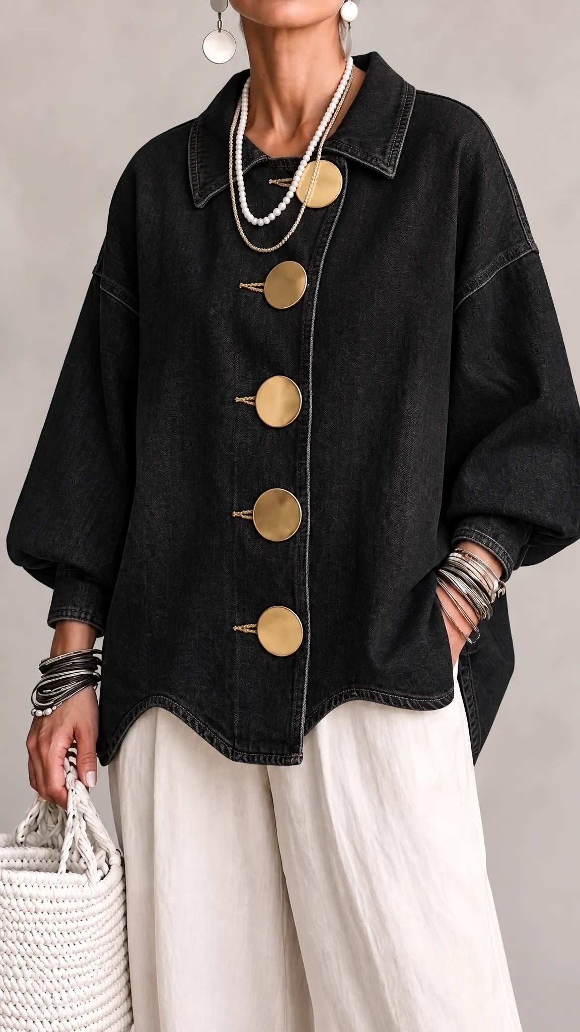 Women's Lapel Oversized Shirt Jacket, Large Decorative Button Lantern Sleeve Casual Shacket