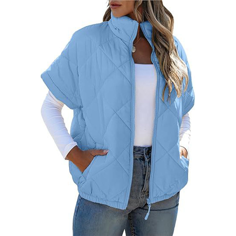 Women's Stand Collar Zip Up Short Sleeve Quilted Vest Jacket