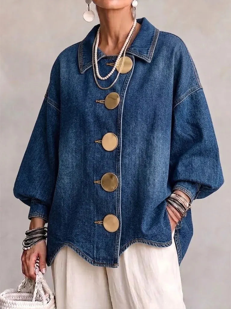Women's Lapel Oversized Shirt Jacket, Large Decorative Button Lantern Sleeve Casual Shacket