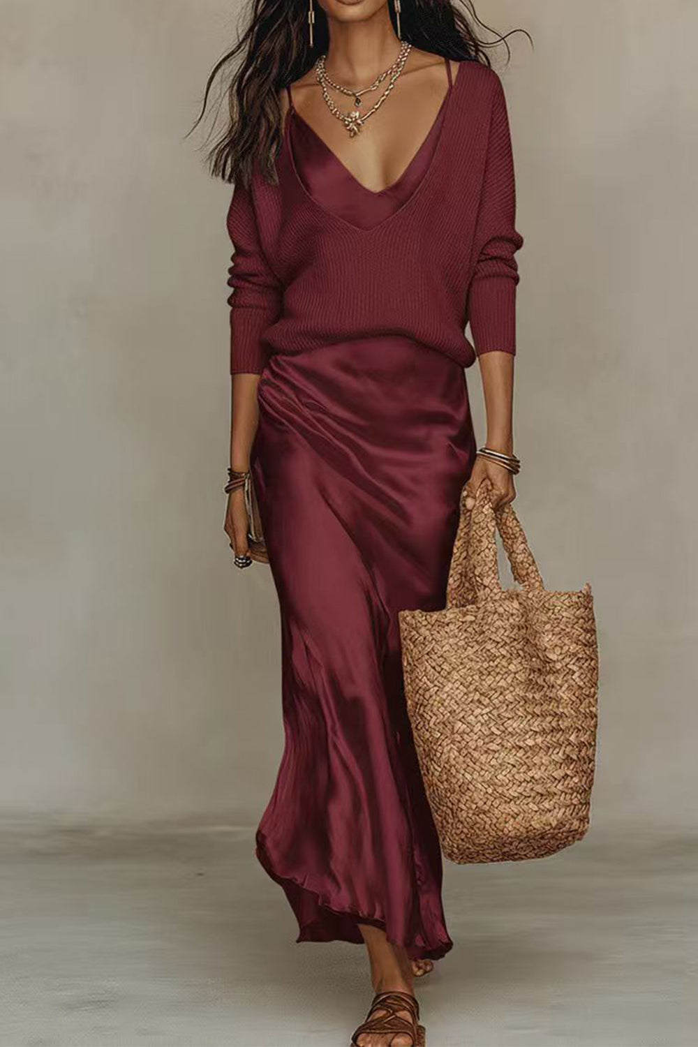 Margovil V Neck Drop Shoulder Sweater and Satin Maxi Cami Dress Set