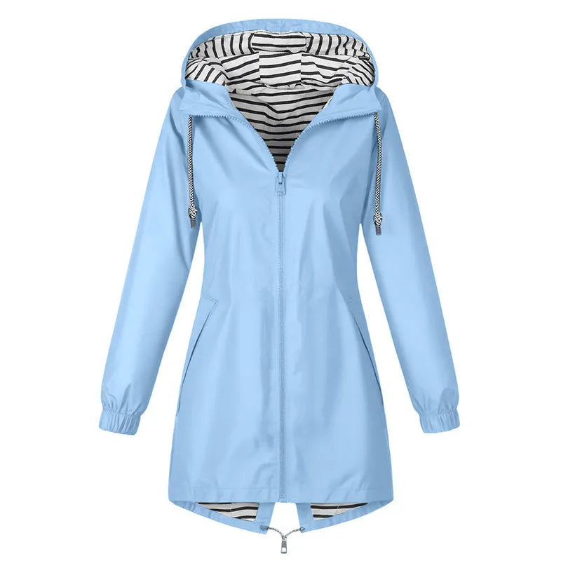Women's Hooded Waterproof Raincoat, Drawstring Waist Striped Lining Long Outdoor Windbreaker