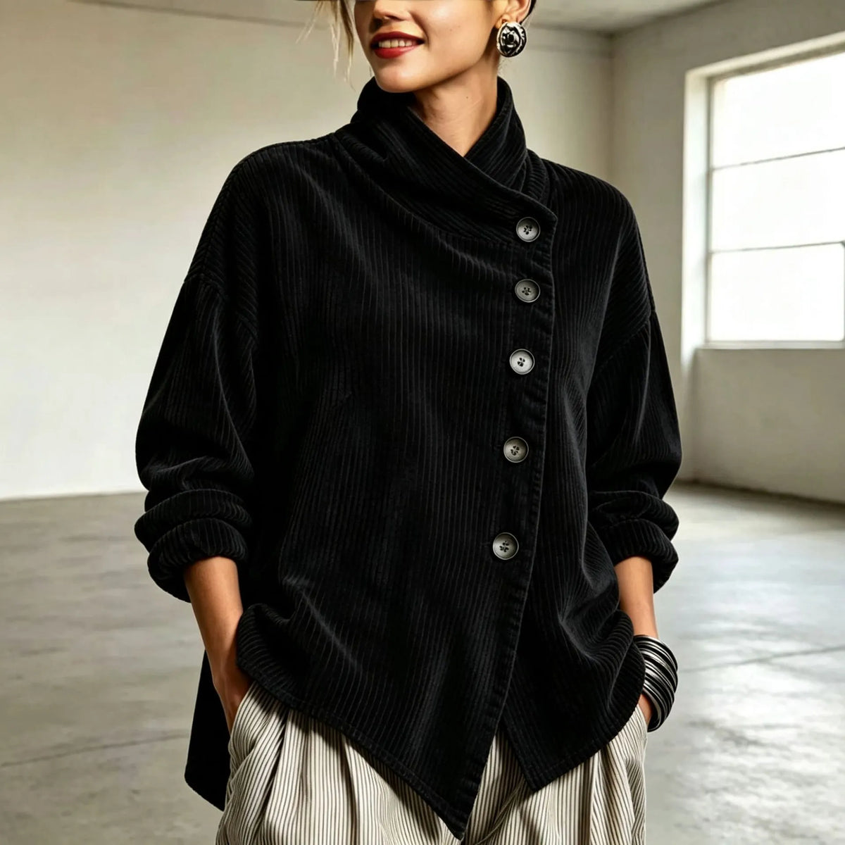 Chic High Funnel Neck Asymmetric Corduroy Top