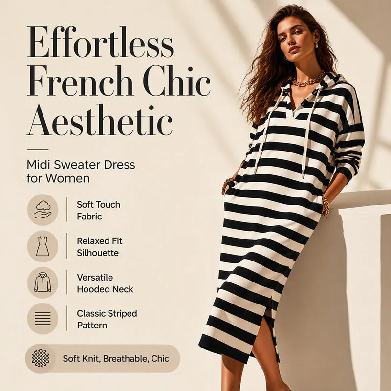 Women's Casual Striped Hooded Sweatshirt Dress