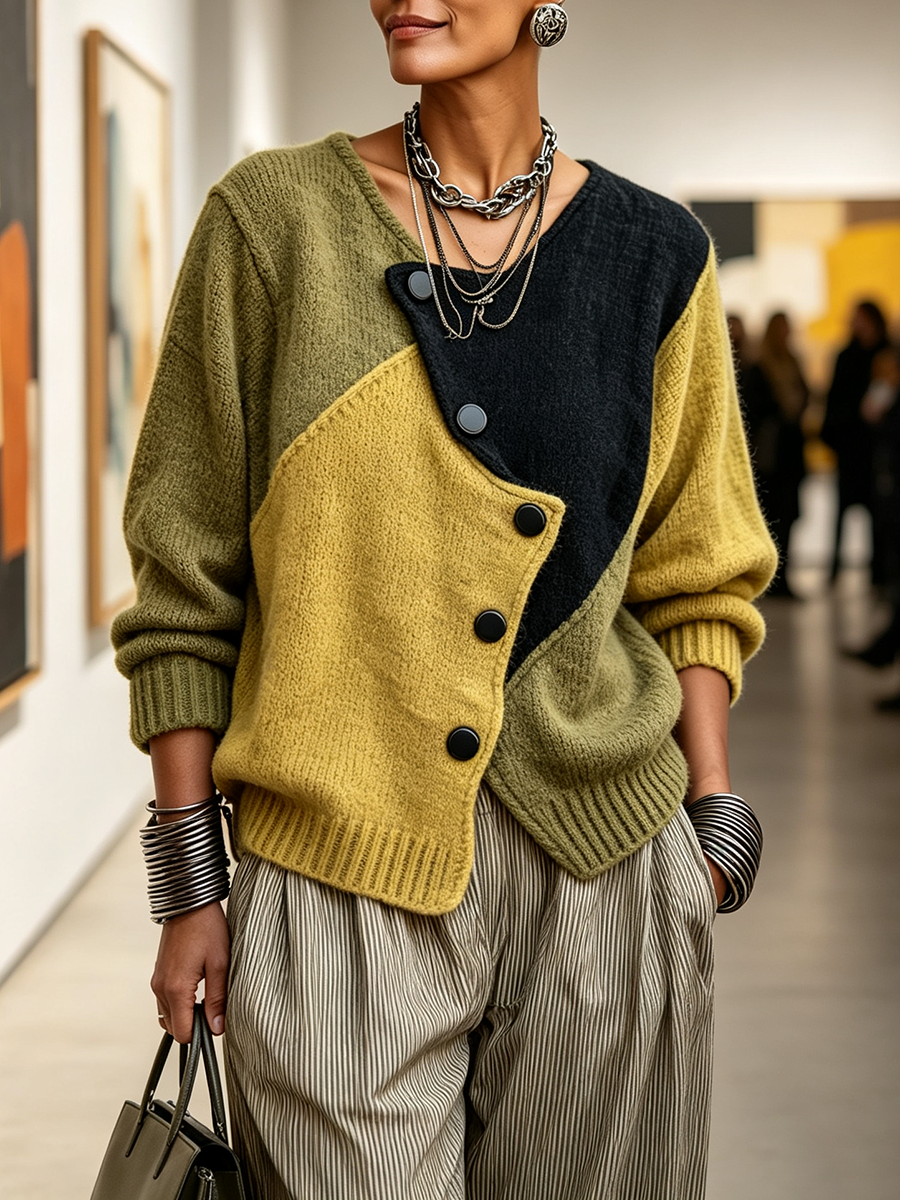 Cozy Asymmetric Color-block Knit Sweater