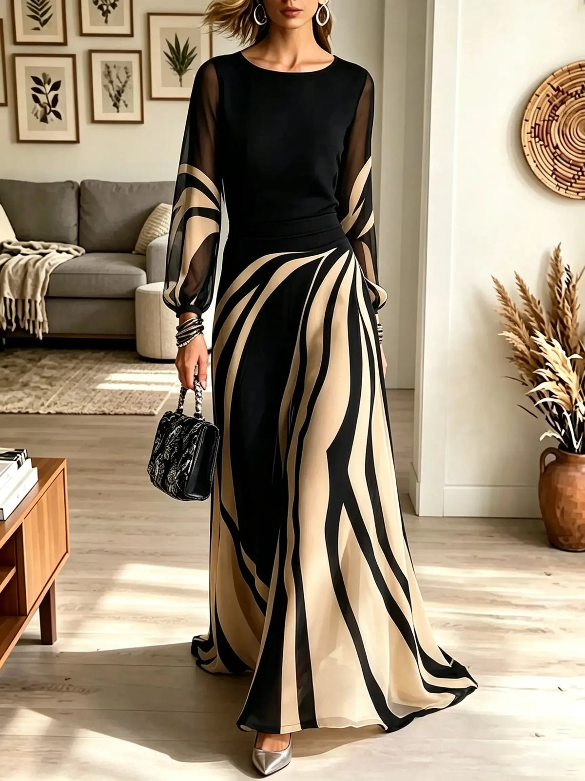 Round Neck Sheer Long Sleeve Abstract Stripe Maxi Dress