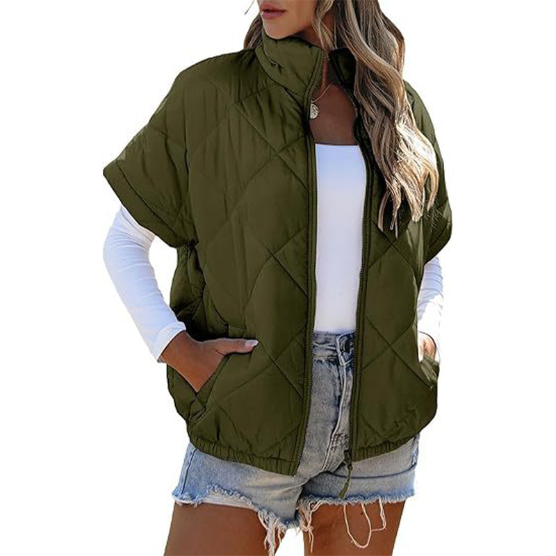 Women's Stand Collar Zip Up Short Sleeve Quilted Vest Jacket