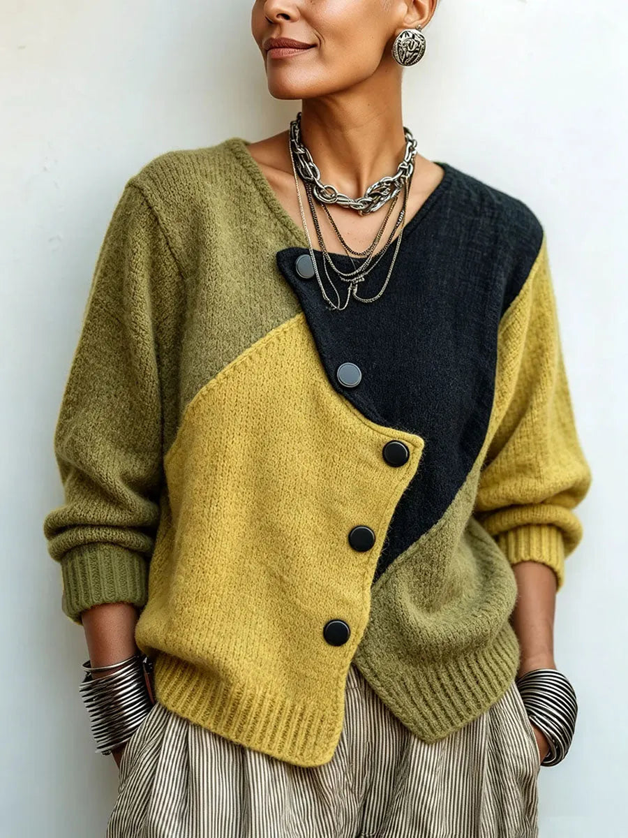 Cozy Asymmetric Color-block Knit Sweater