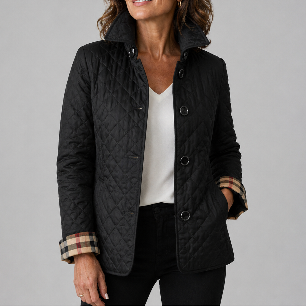 Women's Stand Collar Quilted Short Jacket, Button Front Slim Outerwear with Plaid Cuff Detail