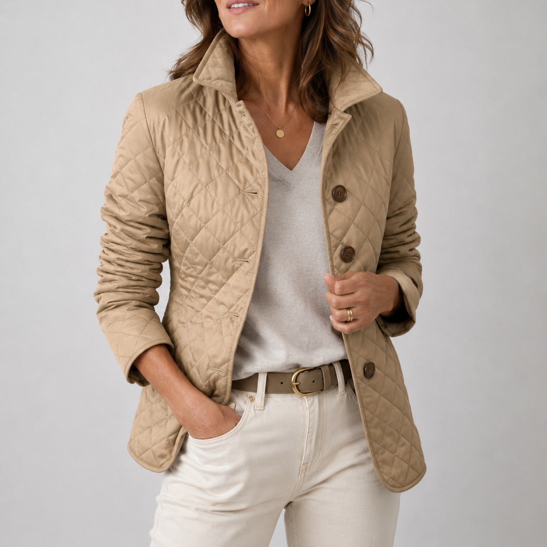 Women's Stand Collar Quilted Short Jacket, Button Front Slim Outerwear with Plaid Cuff Detail