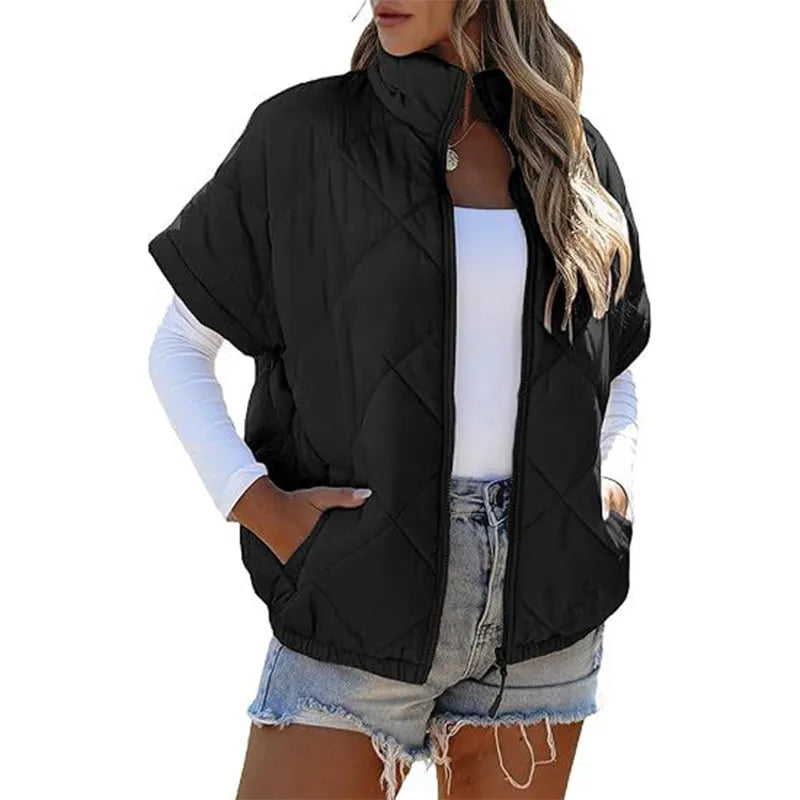 Women's Stand Collar Zip Up Short Sleeve Quilted Vest Jacket