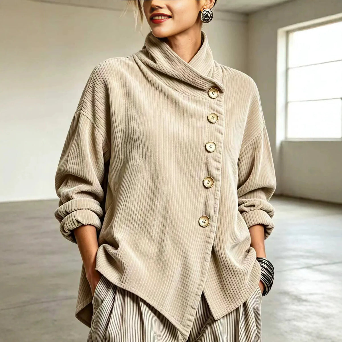 Chic High Funnel Neck Asymmetric Corduroy Top