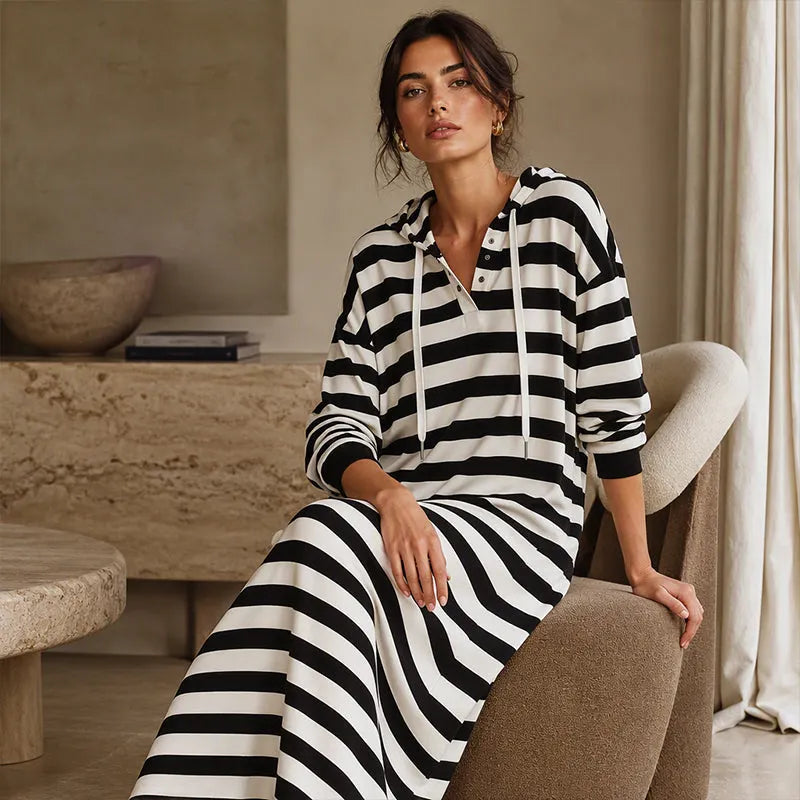 Women's Casual Striped Hooded Sweatshirt Dress