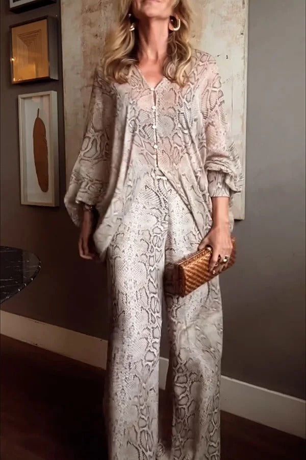 Iselle Animal Print Button Up Batwing Sleeve Shirt and Elastic Waist Wide Leg Pants Set