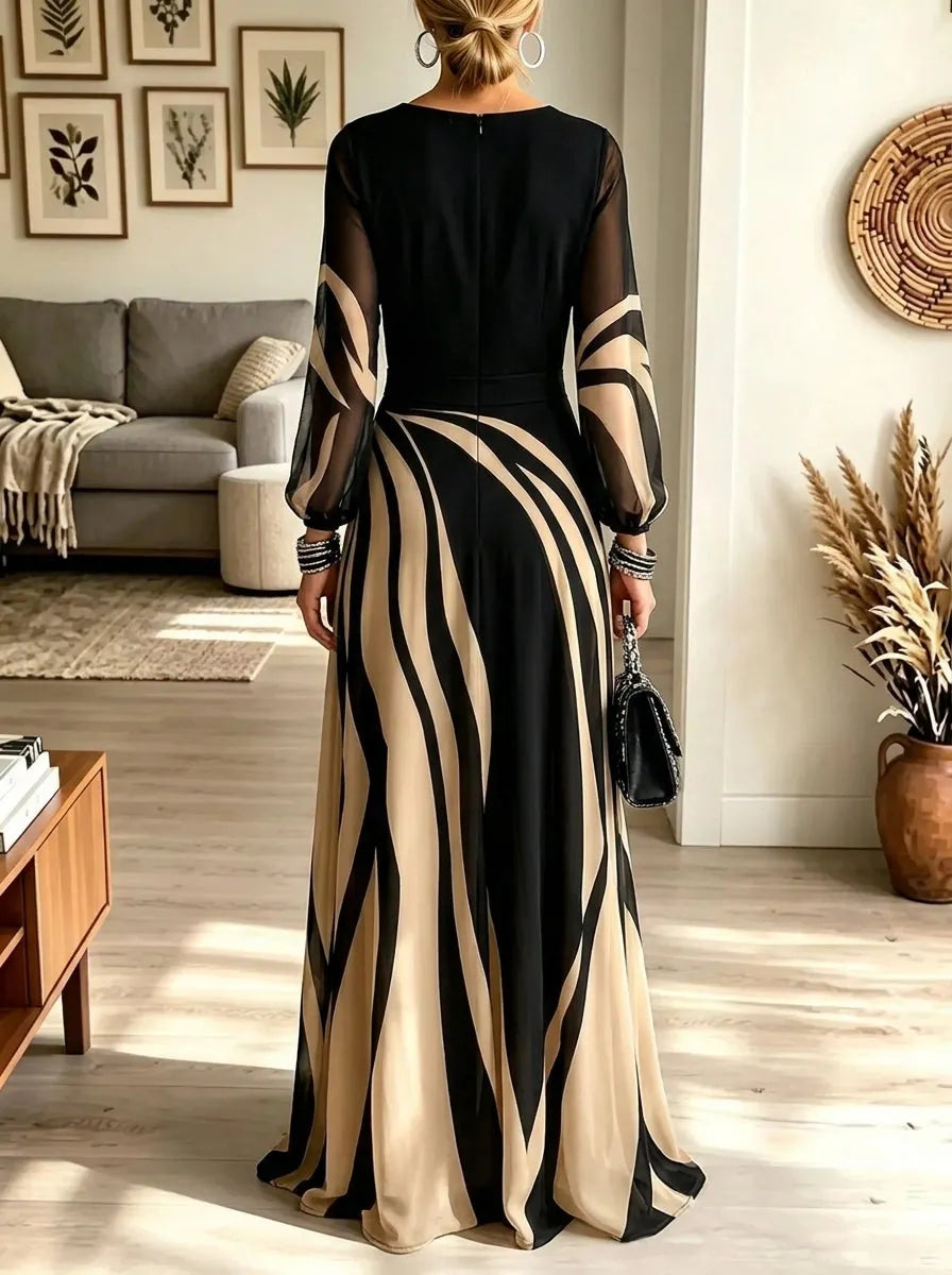 Round Neck Sheer Long Sleeve Abstract Stripe Maxi Dress