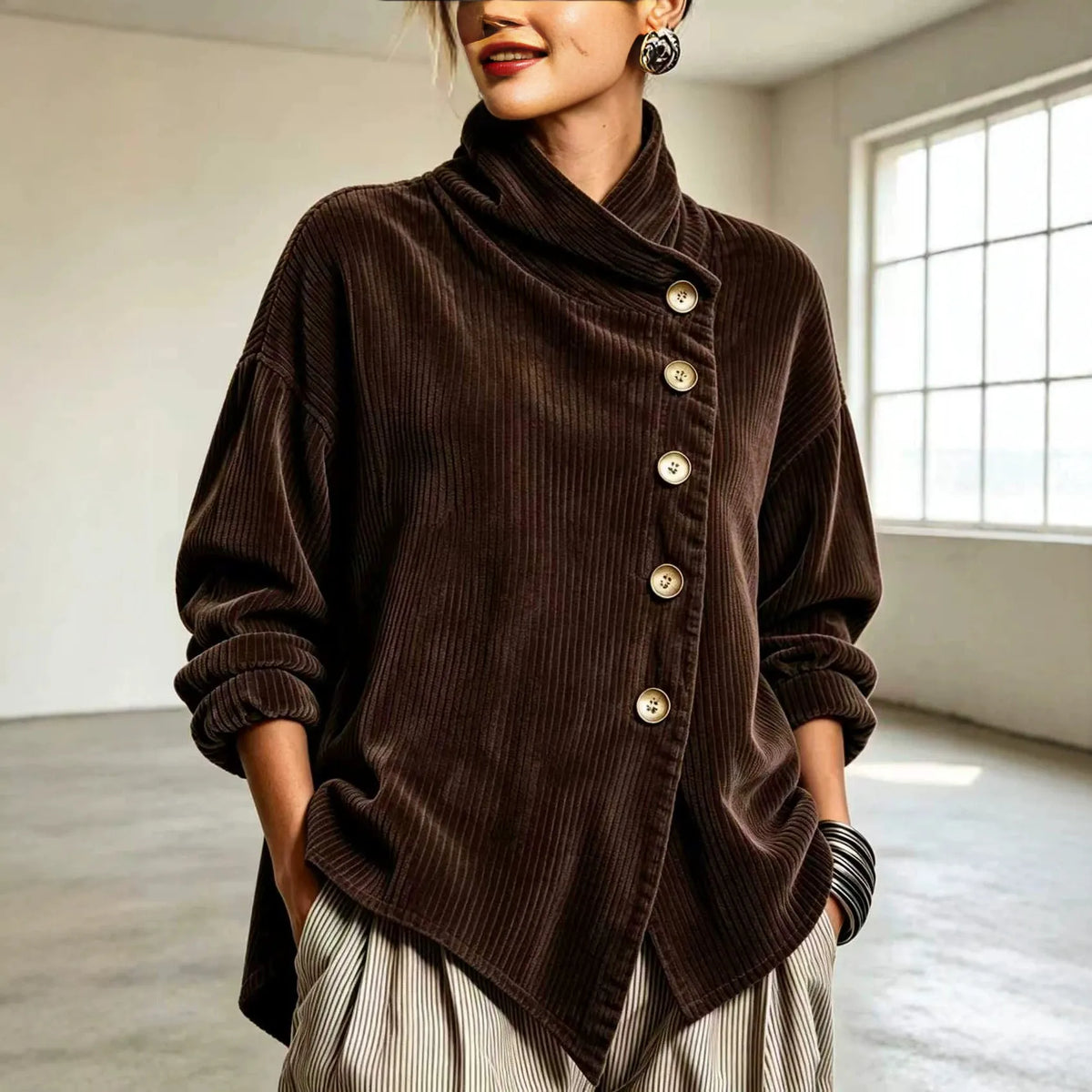 Chic High Funnel Neck Asymmetric Corduroy Top