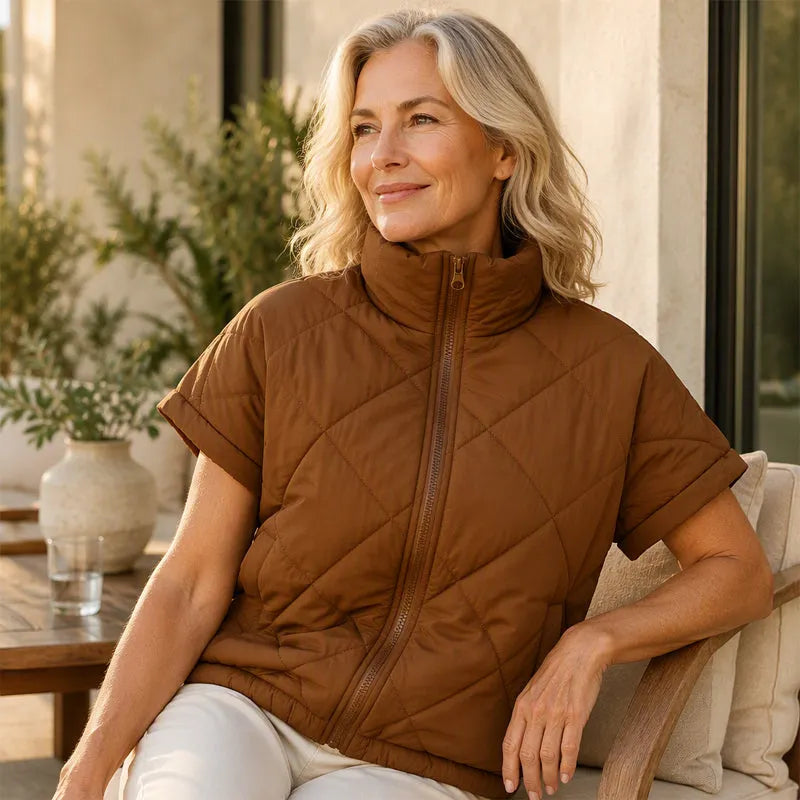 Women's Stand Collar Zip Up Short Sleeve Quilted Vest Jacket