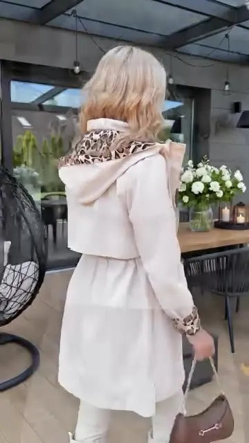 Women's leopard print lined belted hooded trench coat