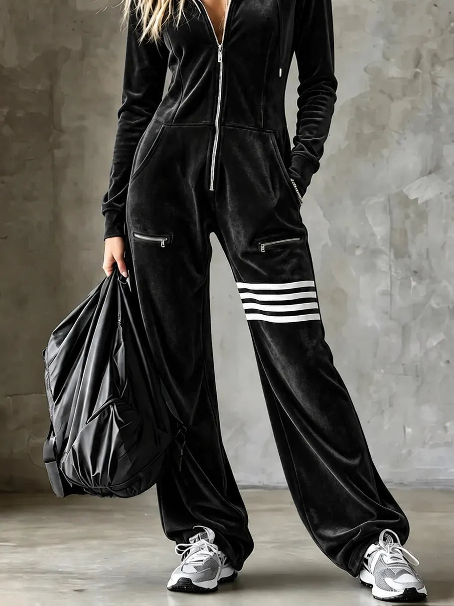 Velvet hooded zip-front wide-leg jumpsuit