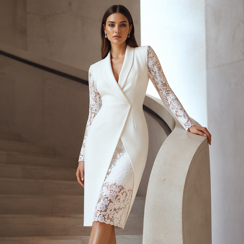 Elegant V-Neck Lace-Sleeve Bodycon Dress
