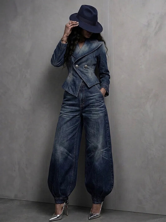 Stylish washed denim double-breasted pleated blazer + jeans suit
