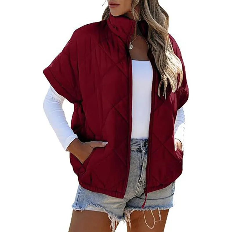 Women's Stand Collar Zip Up Short Sleeve Quilted Vest Jacket