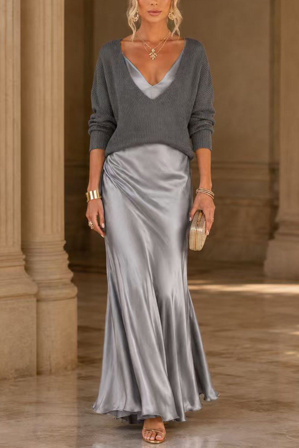 Margovil V Neck Drop Shoulder Sweater and Satin Maxi Cami Dress Set