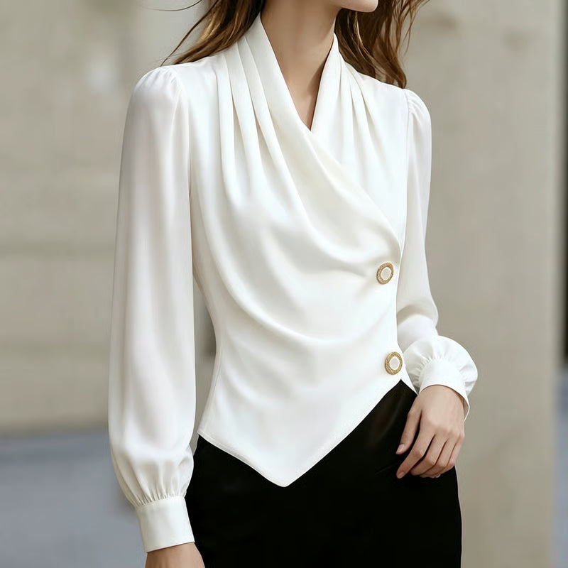 Women's Draped V Neck Long Sleeve Blouse, Elegant Wrap Style Decorative Button Shirt