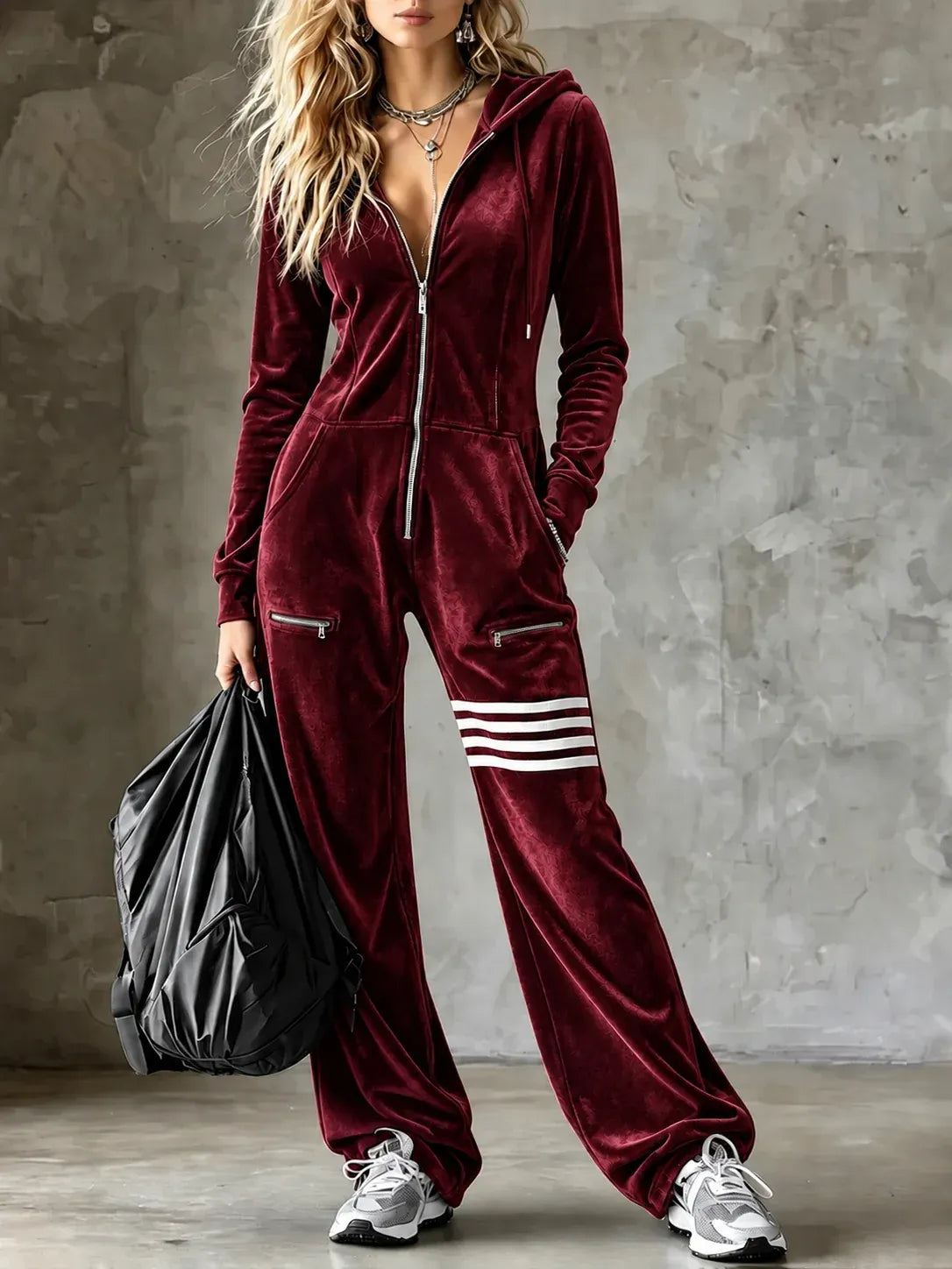 Velvet hooded zip-front wide-leg jumpsuit