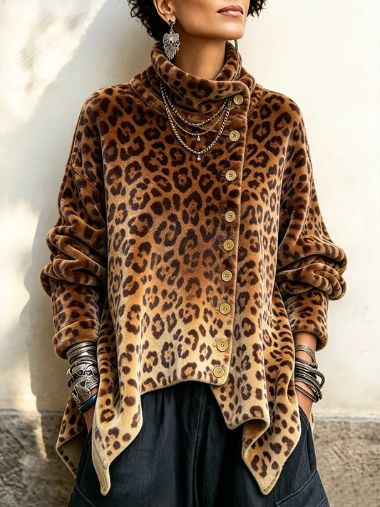 Bold Leopard Print Asymmetrical High-neck Velvet Top