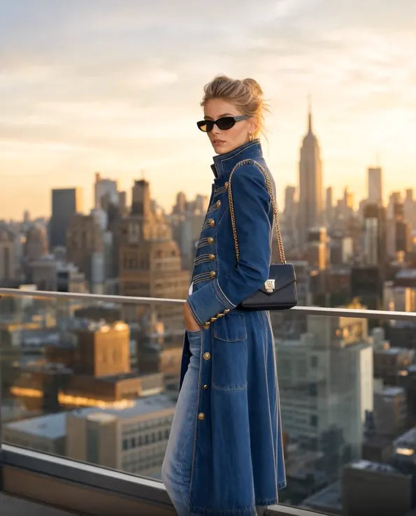 Women's Stand Collar Long Denim Coat, Double Breasted Gold Button Decor Military Style Trench Jacket