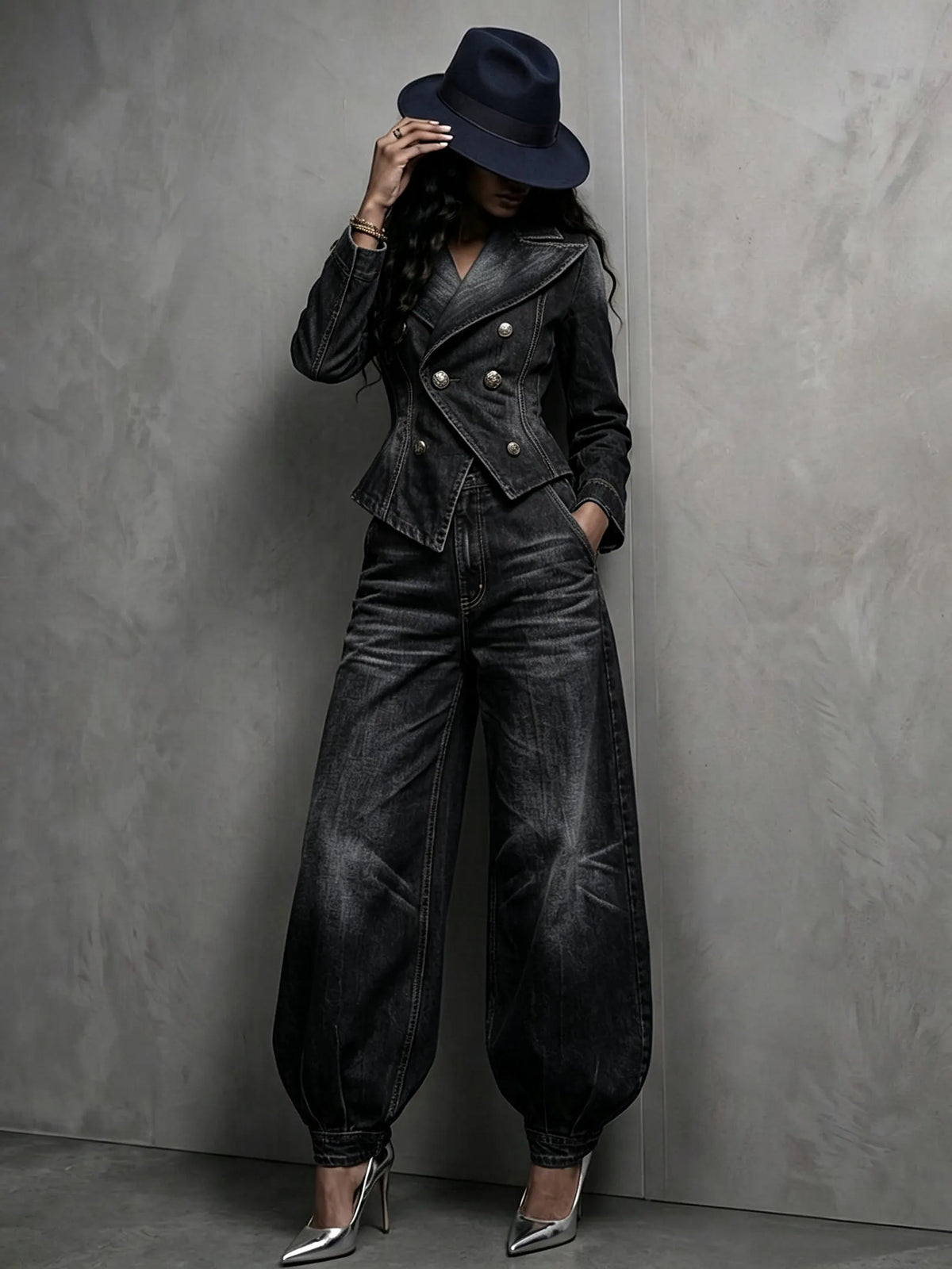 Stylish washed denim double-breasted pleated blazer + jeans suit