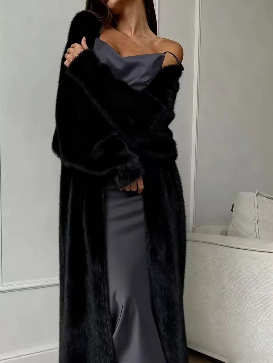 Women's Faux Mink Fleece Long Cardigan Sweater Fluffy Oversized Knit Coat for Autumn and Winter
