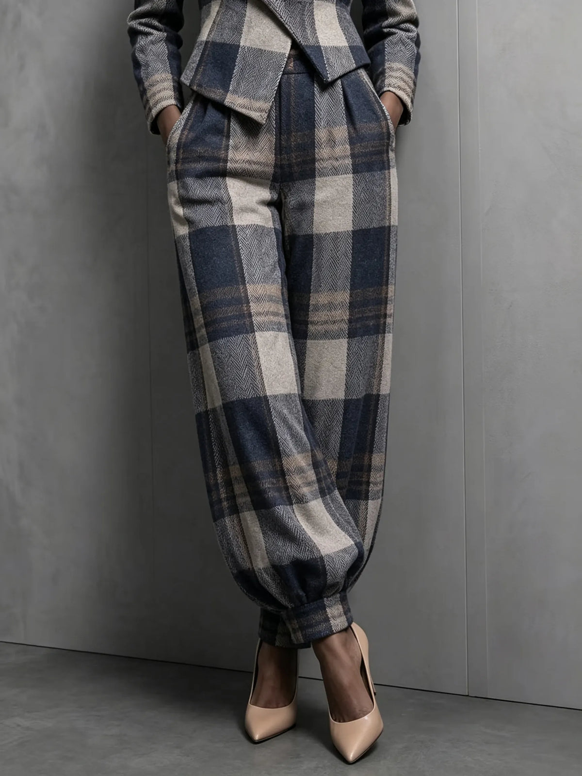 Women Plaid 2 Piece Outfit, Double Breasted Blazer and Balloon Wide Leg Pants Set