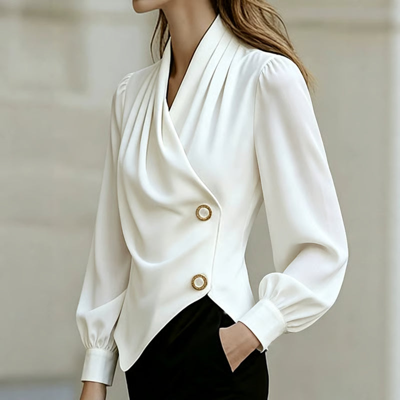 Women's Draped V Neck Long Sleeve Blouse, Elegant Wrap Style Decorative Button Shirt