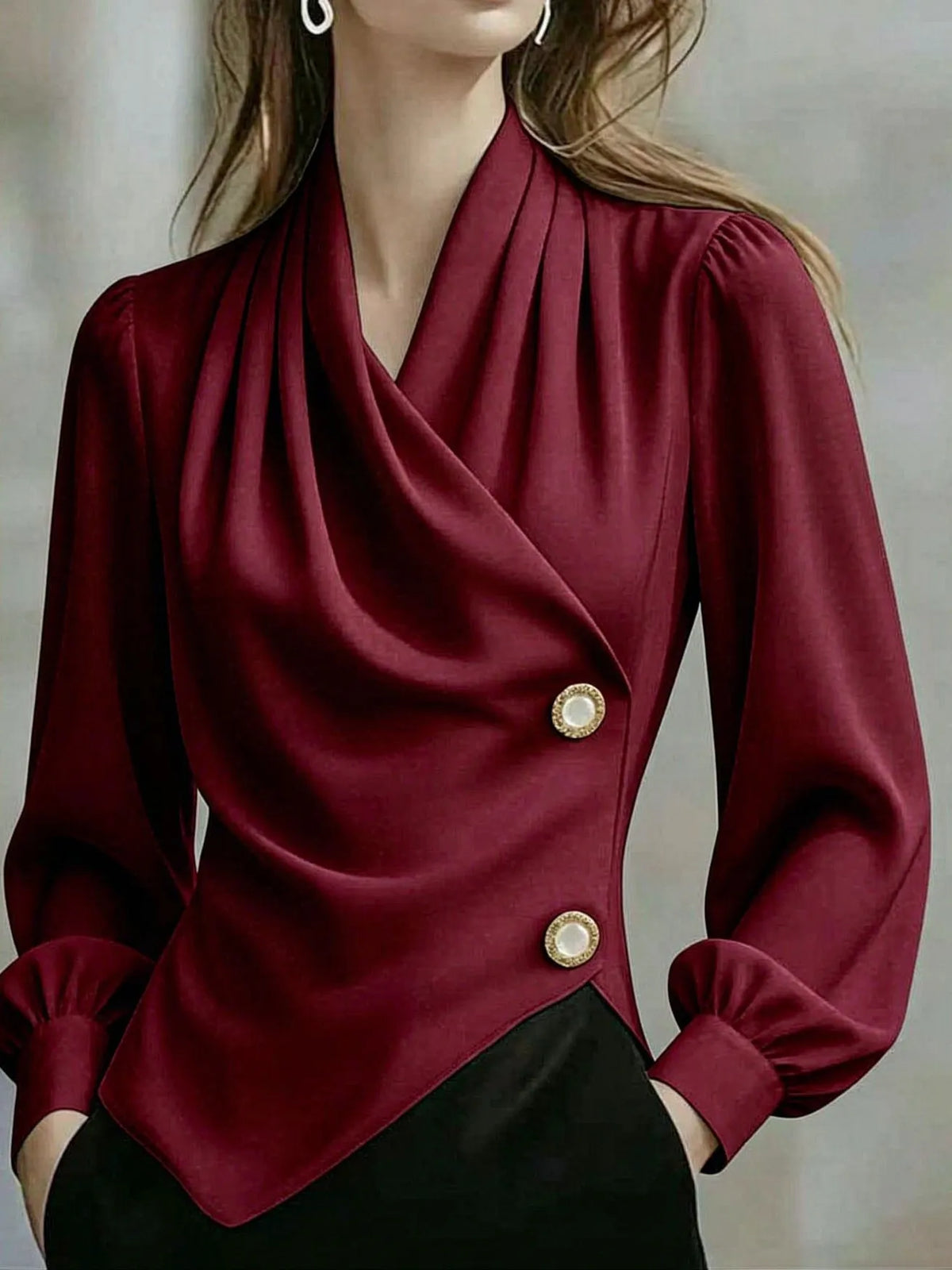 Women's Draped V Neck Long Sleeve Blouse, Elegant Wrap Style Decorative Button Shirt