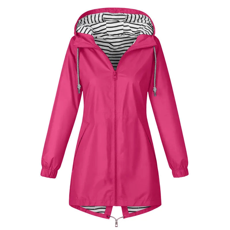 Women's Hooded Waterproof Raincoat, Drawstring Waist Striped Lining Long Outdoor Windbreaker