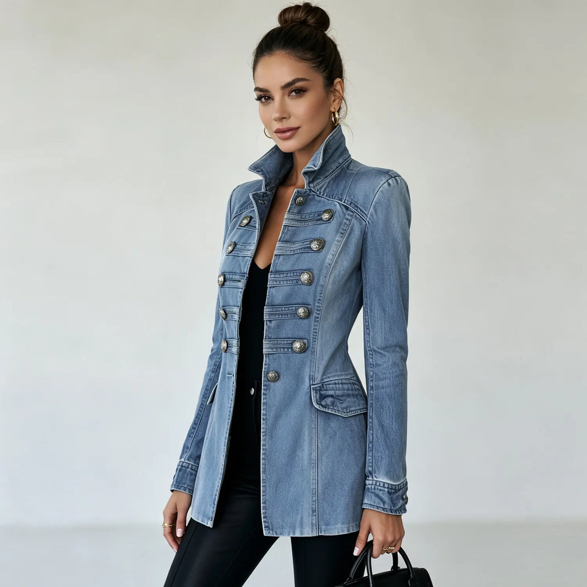 Women's Stand-Collar Denim Jacket with Double-Breasted Detail